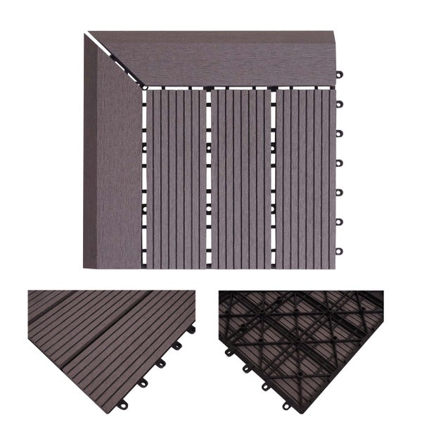 Klickfliese aus Holz-Kunststoff-Verbundwerkstoff für Terrasse mit Abschlussleiste, geriffelte Oberfläche und Kunststoff-Unterkonstruktion.
