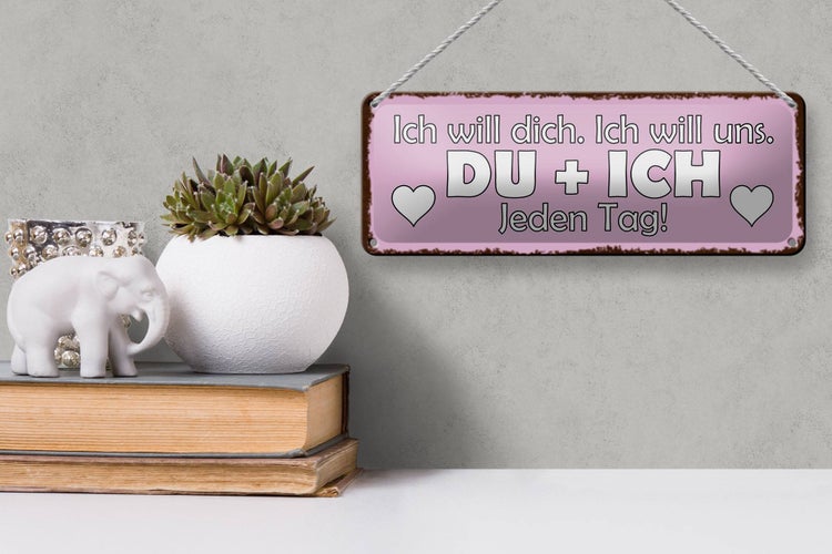 Blechschild Spruch 27x10cm Du + Ich jeden Tag ich will dich Dekoration