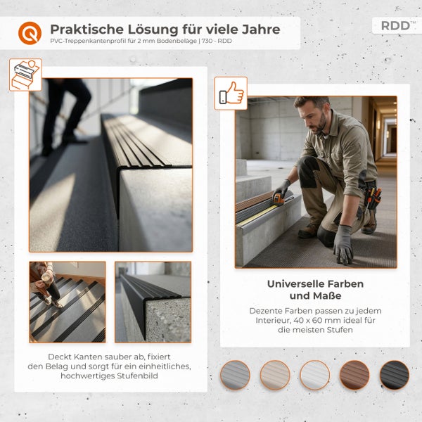 Montage eines PVC-Treppenkantenprofils in vierzig mal sechzig Millimeter. Details zeigen den Schutz für zwei Millimeter Beläge und das RDD Logo.
