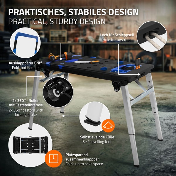 ECD Germany 7 in 1 Multifunktionale Werkbank klappbar, 109x55 cm, Mobile Werktisch, 150-250 kg Tragkraft, Spanntisch mit Winkelmarkierung, Arbeitstisch Werkstatt höhenverstellbar, Handwagen Rollbrett