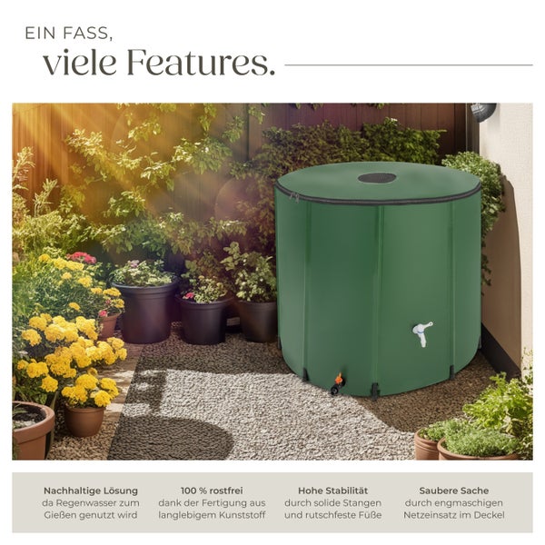 Grüne Regentonne im Garten