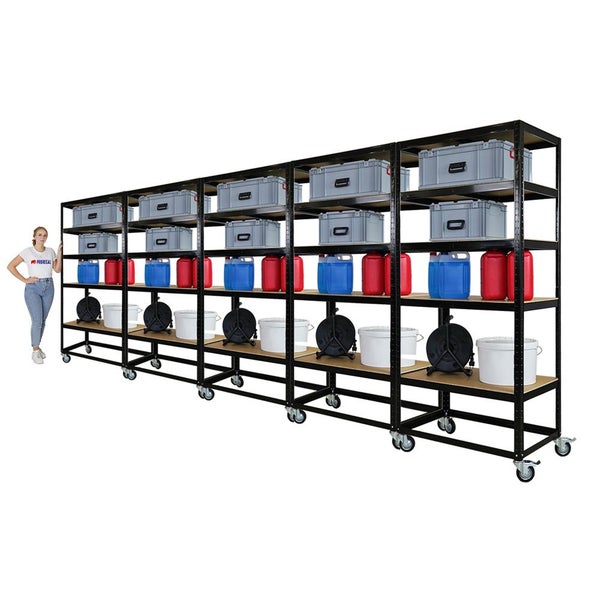PROREGAL Mega Deal 5x Kommissionierwagen BÜFFEL Fahrbares Kommissionierregal 192x90x50cm 5 Ebenen Fachlast 50kg 2X Lenkrollen & 2X Lenkrollen mit Feststellbremse Schwarz