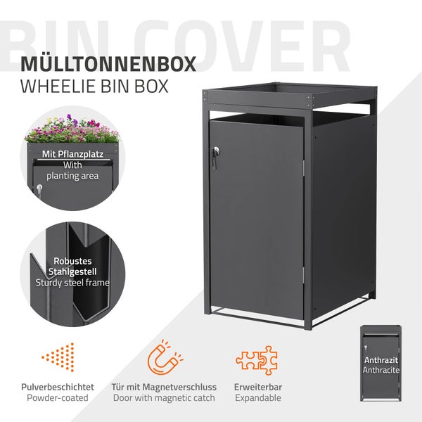 Mülltonnenbox aus pulverbeschichtetem Stahl in Anthrazit mit Pflanzwanne, Magnetverschluss und erweiterbarem Design.