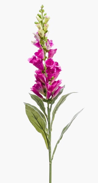 Künstlicher Fingerhut mit pinkfarbenen, gepunkteten glockenförmigen Blüten und grünen Blättern.