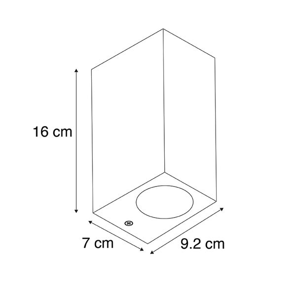 Maßzeichnung einer Wandleuchte mit einer Höhe von 16 Zentimetern, einer Breite von 7 Zentimetern und einer Tiefe von 9,2 Zentimetern.
