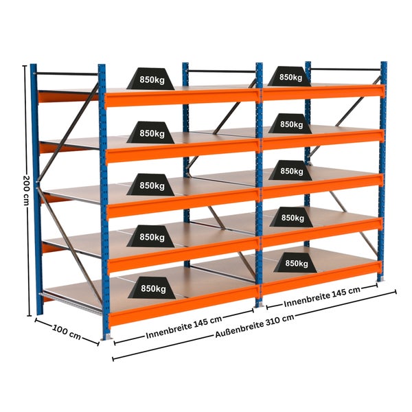 Regal mit fünf Ebenen und den Maßen 200 cm Höhe, 100 cm Tiefe und 310 cm Breite