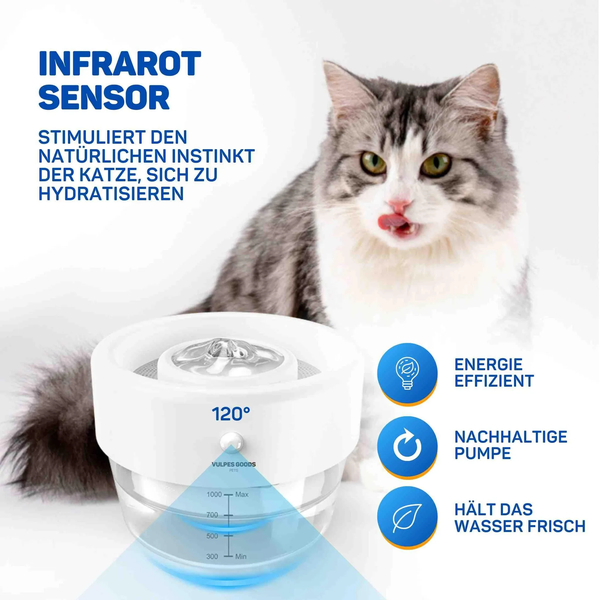 Katzenbrunnen mit Infrarotsensor und Füllstandsanzeige, fördert die Hydratation und hält Wasser frisch durch energieeffiziente Pumpe.