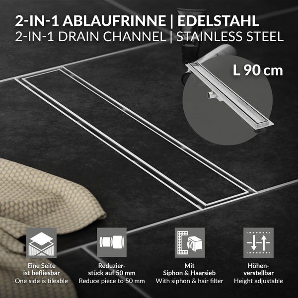 2-in-1 Duschrinne aus Edelstahl, Länge 90 Zentimeter, befliesbar, inklusive Reduzierstück auf 50 Millimeter, Siphon, Haarsieb und höhenverstellbar.