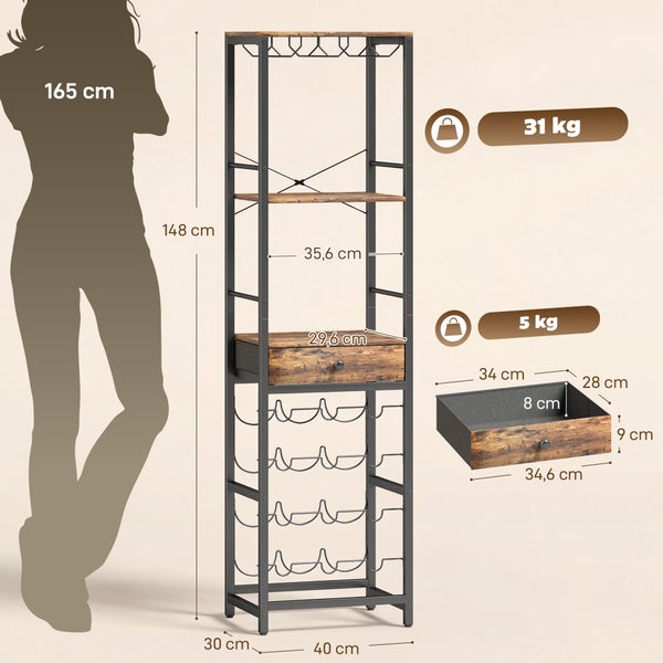 Hohes Weinregal aus Metall und Holz mit Flaschenetagen, Schublade und Ablagen. Höhe 148 Zentimeter. Traglast 31 Kilogramm, Schublade 5 Kilogramm.
