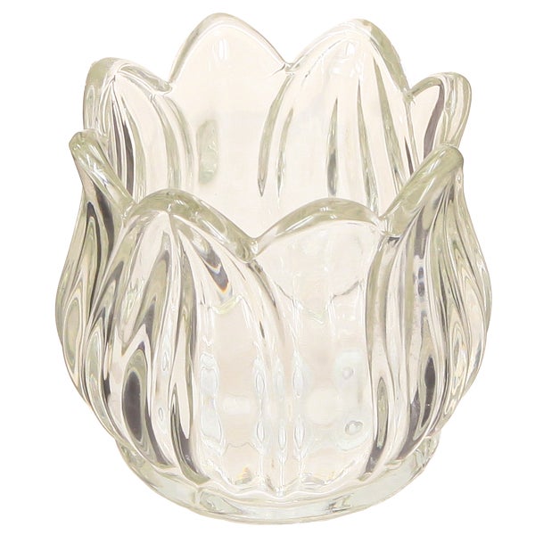 Teelichthalter aus klarem Glas in Tulpenform.