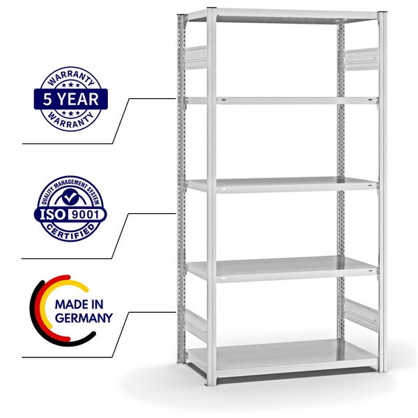 PROREGAL Fachbodenregal Stecksystem T-Profil Medium-Duty Grundregal HxBxT 200 x 100 x 50 cm 5 Ebenen Fachlast 230 kg Beidseitig Nutzbar Lichtgrau