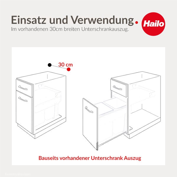 Hailo Logo. Darstellung eines Mülltrennsystems in einem 30 Zentimeter breiten Unterschrankauszug.