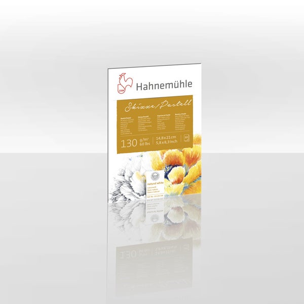 Hahnemühle Skizzenblock und Pastellblock, 130 Gramm pro Quadratmeter, 14,8 mal 21 Zentimeter, 30 Blatt, naturweiß, 100 Prozent Baumwolle.