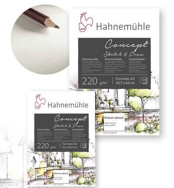 Hahnemühle Concept Sketch und Draw Zeichenblöcke A3 und A4, 220 Gramm pro Quadratmeter, 20 Blatt, für Trocken- und Nasstechniken.