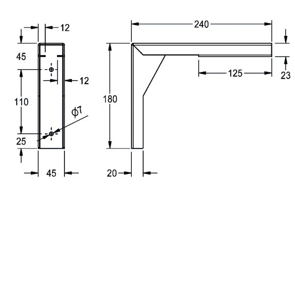 Technische Zeichnung eines Regalträgers mit Maßen: Tiefe 240 Millimeter, Höhe 180 Millimeter, Breite 45 Millimeter.