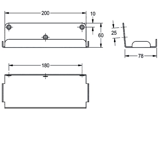 Maßzeichnung einer Montagehalterung mit Maßen von 200 Millimeter Breite, 60 Millimeter Höhe und 78 Millimeter Tiefe.