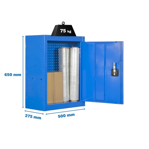 Stahlschrank mit einer maximalen Traglast von 75 Kilogramm und den Maßen 650 x 500 x 275 Millimeter mit geöffneter Tür und Verpackungsmaterial im Inneren.