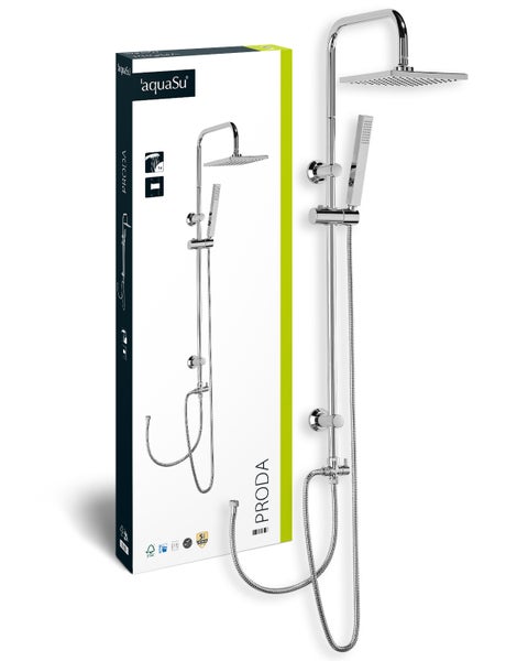 aquaSu® Duschsystem Proda mit Regendusche & Handbrause eckig | Stab-Handbrause & Kopfbrause | je 1 Strahlart | Anti-Kalk Regendusche | Duschgarnitur mit Wandstange und Gleiter | Chrom | 723299