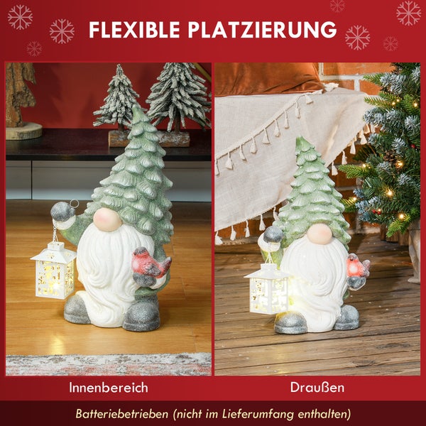 HOMCOM Weihnachtsdeko Figur, Weihnachtsmann mit Weihnachtsbaum-Mütze und Laterne, 42 cm Weihnachtsfigur mit LED-Licht, Dekofigur zu Weihnachten, für In- und Outdoor