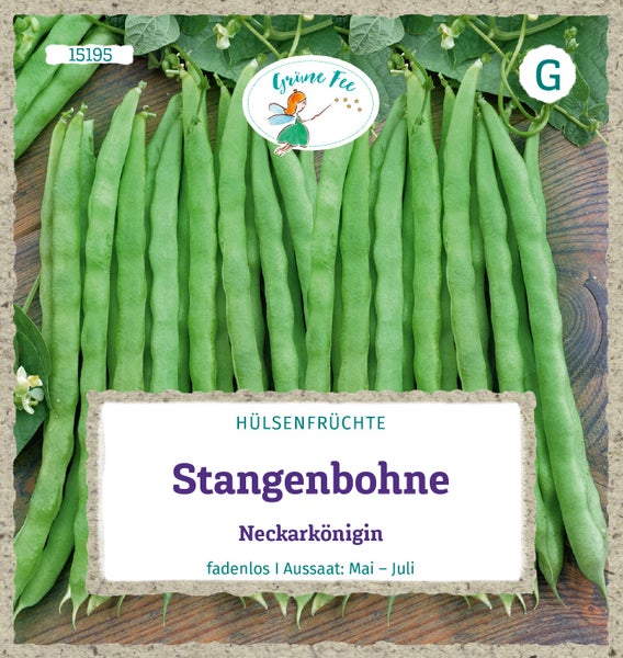 Samentüte für Stangenbohne Neckarkönigin, fadenlos, Aussaat von Mai bis Juli, Abbildung frischer grüner Bohnen, Grüne Fee Logo.