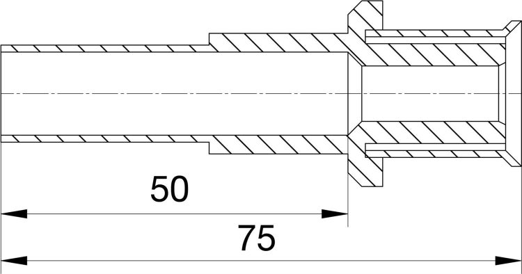 Technische Zeichnung eines Schlauchadapters mit Maßangaben von 50 und 75 Millimeter.