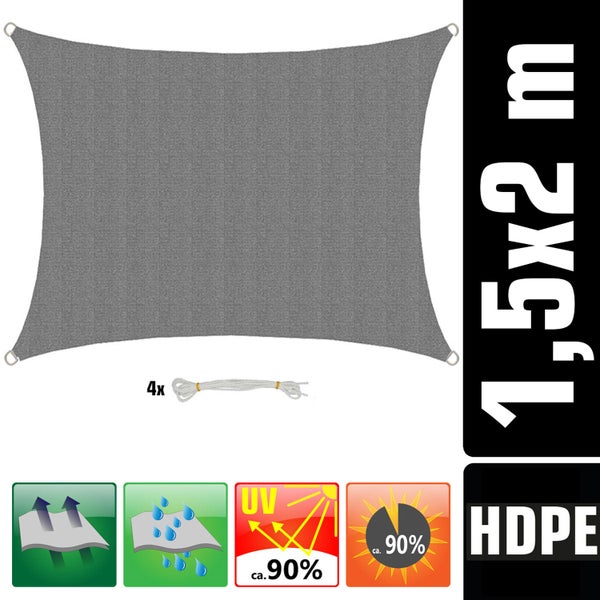 Graues Sonnensegel aus HDPE, 1,5 mal 2 Meter, inklusive 4 Seilen. Luft- und wasserdurchlässig, circa 90 Prozent UV-Schutz und Schattierung.
