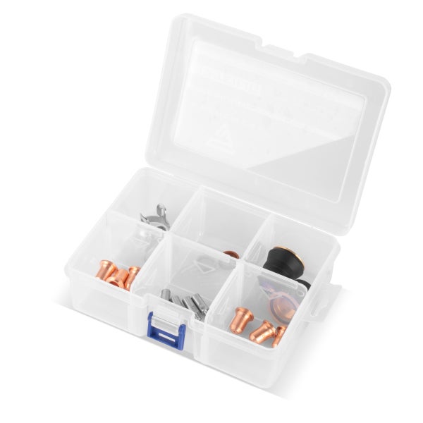 Set mit Verschleißteilen für Plasmaschneider in einer Kunststoffbox mit Düsen, Elektroden und Abstandshalter.
