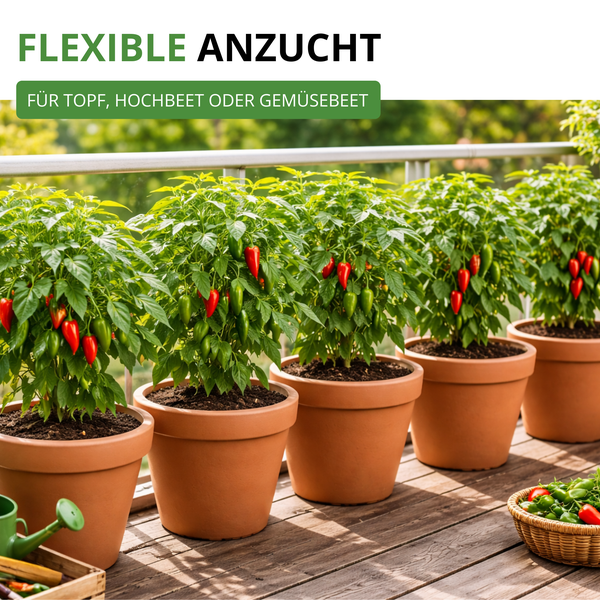 Mehrere Chilipflanzen mit roten und grünen Früchten in Pflanztöpfen auf einem hellen Balkon mit Holzfußboden und Metallgeländer.