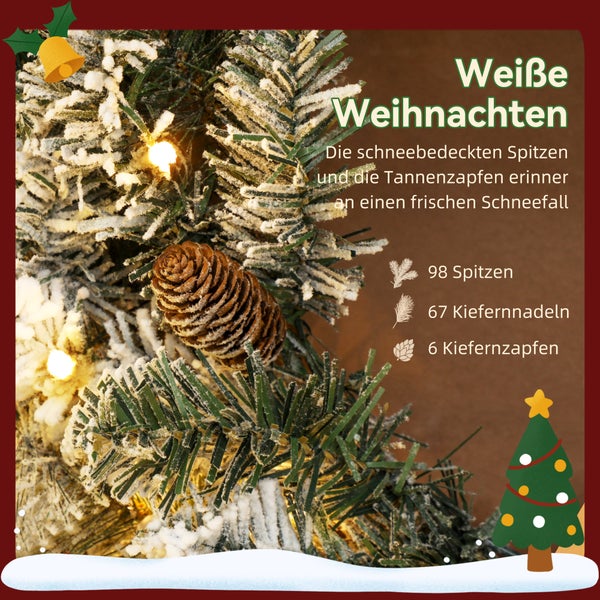 Künstlicher Weihnachtsbaum mit Schnee-Effekt, Kiefernzapfen und Beleuchtung. Bestehend aus 98 Spitzen, 67 Kiefernnadeln und 6 Kiefernzapfen.