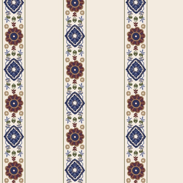 Tapete mit vertikalen Streifen und orientalischen Blumenmustern sowie geometrischen Ornamenten.