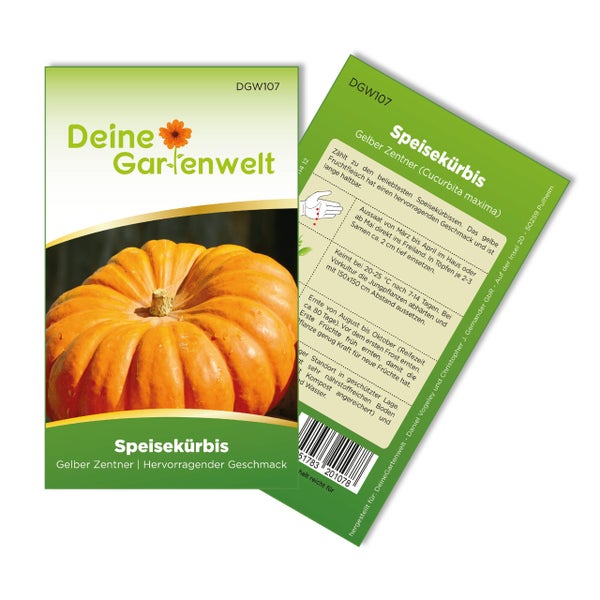 Samentüte Deine Gartenwelt Speisekürbis Gelber Zentner mit Abbildung eines Kürbisses und Anbauanleitung.