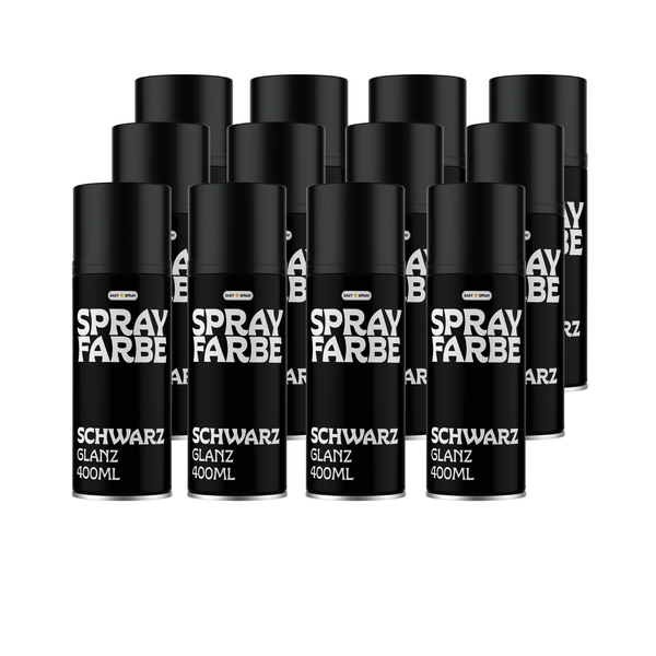 Set von zwölf Sprühdosen mit schwarzer Glanzlackfarbe, 400 Milliliter pro Dose, für dekorative Lackierarbeiten.