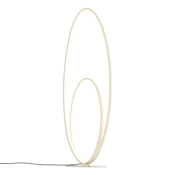 Moderne LED-Stehleuchte mit zwei ineinander verschachtelten ovalen Ringen in minimalistischem Design.