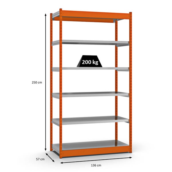 PROREGAL Fachbodenregal Stecksystem Vierkant-Profil Grundregal HxBxT 250 x 132,5 x 50 cm 6 Ebenen Einseitige Bauart Fachlast 200 kg Orange
