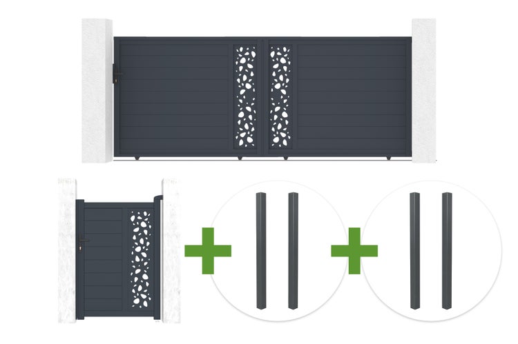 Einfahrtstor-Set bestehend aus Doppeltor, Gartentor und Pfosten in Anthrazit, Lamellendesign mit dekorativen Lochmustern.