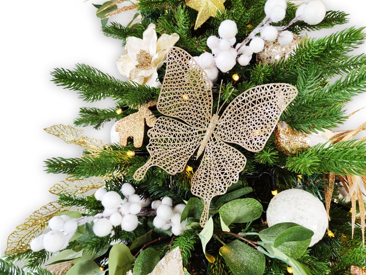 Dekorierter künstlicher Weihnachtsbaum mit 106 Ornamenten CHAMPAGNE II 210 cm Baum mit Ständer und Christbaumschmuck