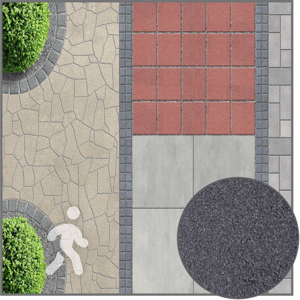 Verschiedene Pflastersteine und Terrassenplatten mit einer Detailansicht von dunklem Fugensand und Symbol für Begehbarkeit.