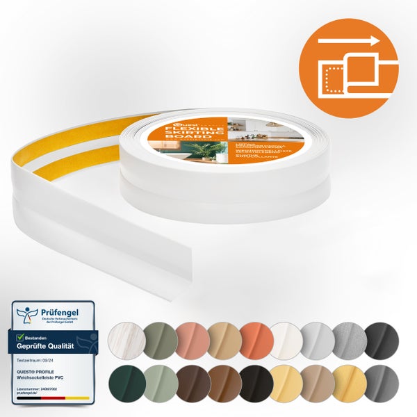 Quest Profile flexible Weichsockelleiste aus PVC zum Kleben als Rolle mit Prüfsiegel und Auswahl an Farben