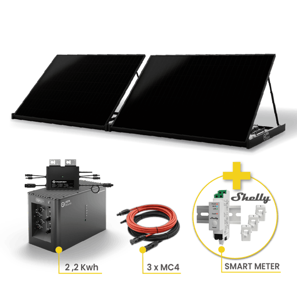 Envertech Solaranlage mit zwei Solarmodulen, Wechselrichter, Smart Meter und Kabeln