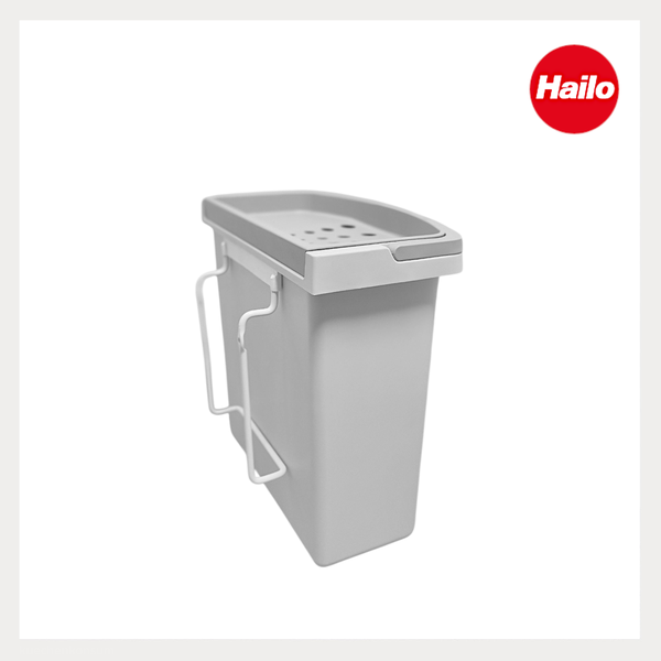 Hailo Organisationsbox aus grauem Kunststoff mit Deckel und Metallrahmen. Hailo Logo.