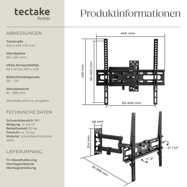 Technische Zeichnung der Tectake Home TV Wandhalterung mit Abmessungen und technischen Daten für Bildschirme von 26 bis 75 Zoll.