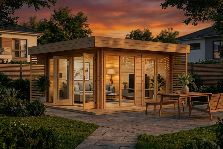 Modernes Gartenhaus aus Holz mit Flachdach, großen Glastüren, eingerichtetem Innenraum und Terrasse mit Sitzgruppe im abendlichen Garten.