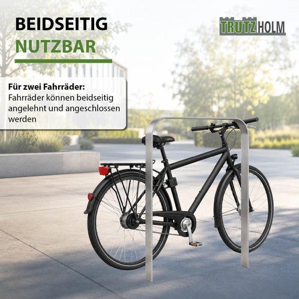 Fahrradständer Anlehnbügel aus Edelstahl für zwei Fahrräder, beidseitig nutzbar. Trutzholm Logo.