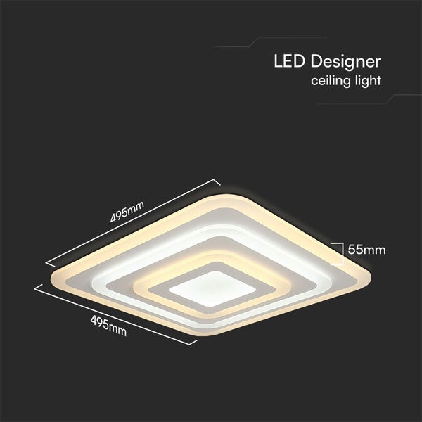 LED Designer Deckenleuchte mit den Maßen 495 mm x 495 mm x 55 mm.