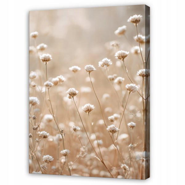 Leinwandbild mit Nahaufnahme von filigranen Wiesenblumen im sanften Licht für eine natürliche Wanddekoration.