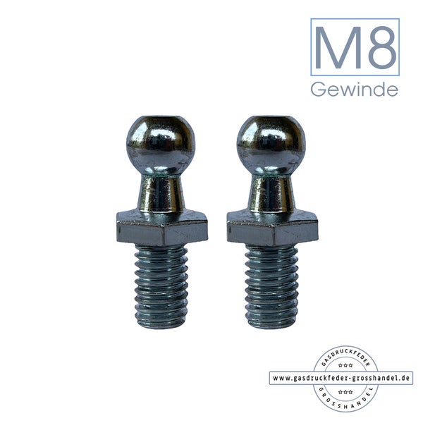 Zwei Kugelkopfbolzen aus Metall mit M8-Gewinde für Gasdruckfedern.