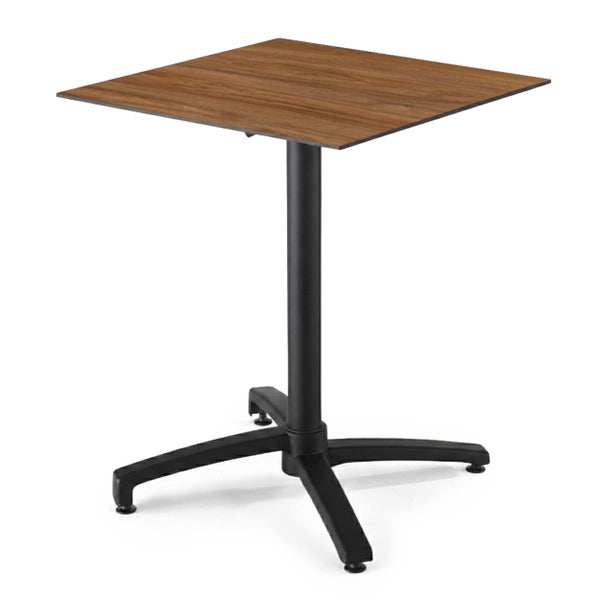 Quadratischer Bistrotisch mit Tischplatte in Holzoptik und schwarzem Mittelfuß aus Metall.