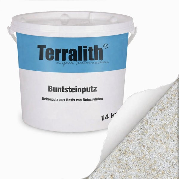 Terralith Buntsteinputz 14 Kilogramm, Dekorputz auf Reinacrylatbasis mit Detailansicht der feinen Steinoptik.