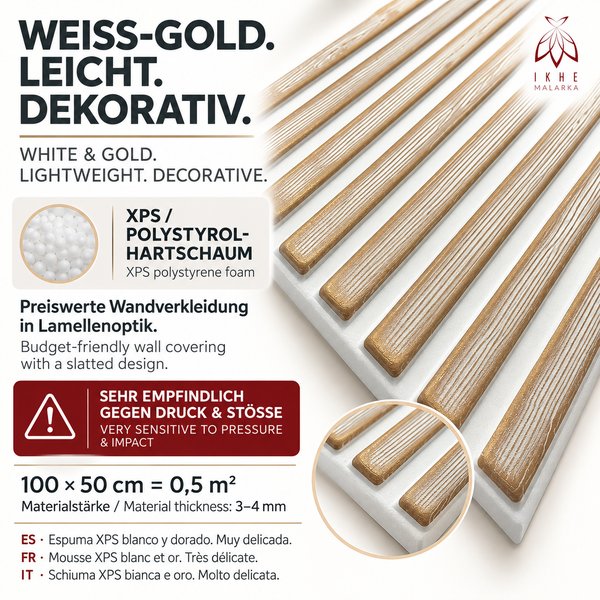 Dekorative Wandverkleidung aus Polystyrol Hartschaum in Lamellenoptik mit Abmessungen von 100 mal 50 Zentimeter.