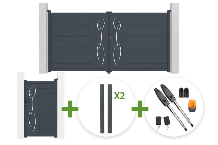 Set aus zweiflügeligem Einfahrtstor, Gartentür, zwei Pfosten und elektrischem Torantrieb aus Aluminium mit dekorativem Wellenmuster.